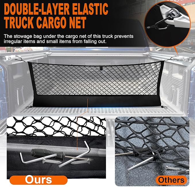 Envelope Style Truck Bed Cargo Net Compatible with Nissan Titan 2017-2023 2024 2025,Highly Elastic Truck Cargo Net for Titan Accessories, Upgraded Storage Bag & Heavy Duty Carabiners