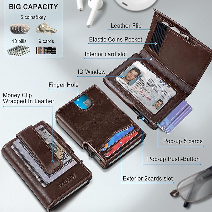 miyozi Wallet for Men with Money Clip Coins Pocket ID Window Gift Boxed,Slim Smart Front Pocket RFID Blocking Wallet Pop-up Card Holder in Magnetic Leather Flip 3.9"x 2.7"