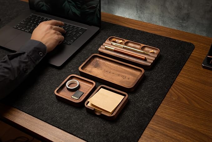 MUUJEE Engraved Wooden Desk Organization 4 Piece Set - for Desk Accessories Work Professional Office Teacher Dad Wood Tray Rustic Minimalist Organizer Pens Pencils Sticky Notes