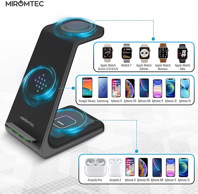 Charging Station for Multiple Devices,3 in 1 Fast Charging Dock for iPhone Series 14/13/12/11/X/8 Plus,Airpods, Desk Wireless Charger for Apple Watch 8/Ultra/7/6/SE/5/4/3/2 with QC3.0 Wall Adapter