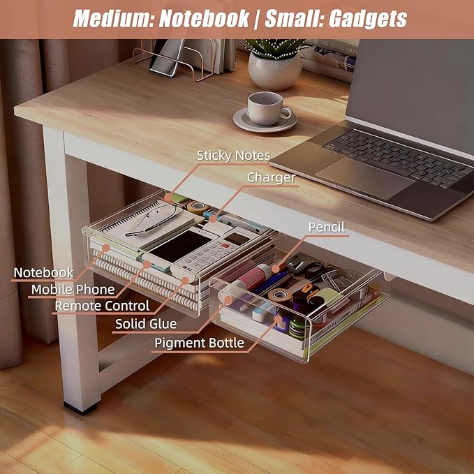 2-Pack Under Desk Drawer for Desk with Frame & Beam, Fits Where Standard Drawers Can't, 52mm Heightened Slide Out Organizer, Dual Adhesive or Screw Mount, Clear PET Under Table Storage