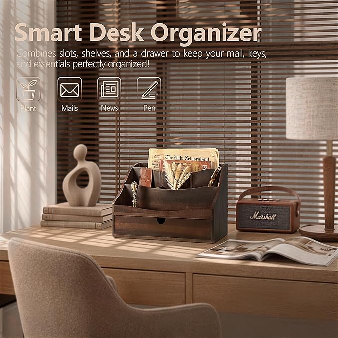 Rebee Vision Acacia Wood Mail Organizer for Desk – Retro Countertop Mail Holder with Dividers – 4-Slot Letter Sorter for Office Accessories – Desktop Organizer for Home Decor (Dark Acacia)