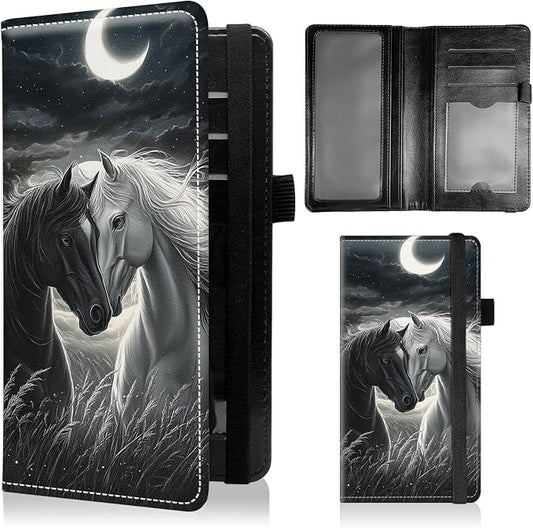 Check Book Cover for Personal Checkbook with Duplicate Checks for Women's & Men PU Leather Wallets Check Book Holder with Pen Card Slots Elastic Strap,Dark Horse White Horse
