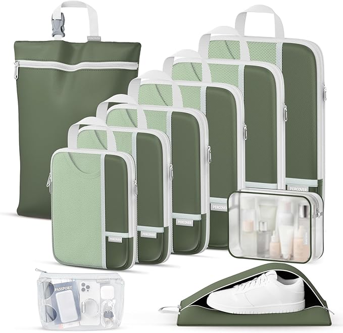 Percover Compression Packing Cubes 10-Piece Set, Packing Cubes Compression for Travel with Toiletry Bag, Laundry Bag & Shoe Bag, All-in-One Travel Organizer for Carry On & Checked Luggage, Green