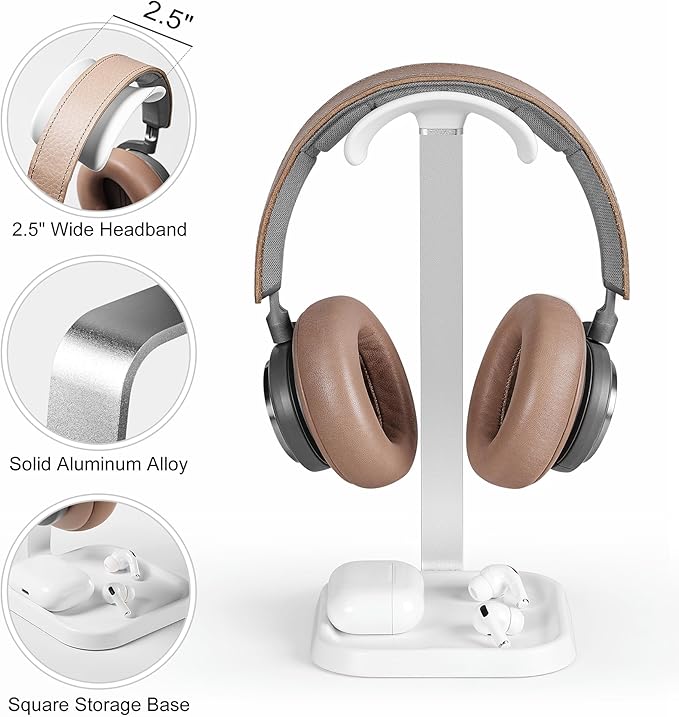 Headphone Stand, Curved Headset Stand with Storage Tray, Gaming Headset Holder for AirPods Max, AirPods Max 2, AirPods, AirPods Pro, Beats, Bose, Sony and More (White)