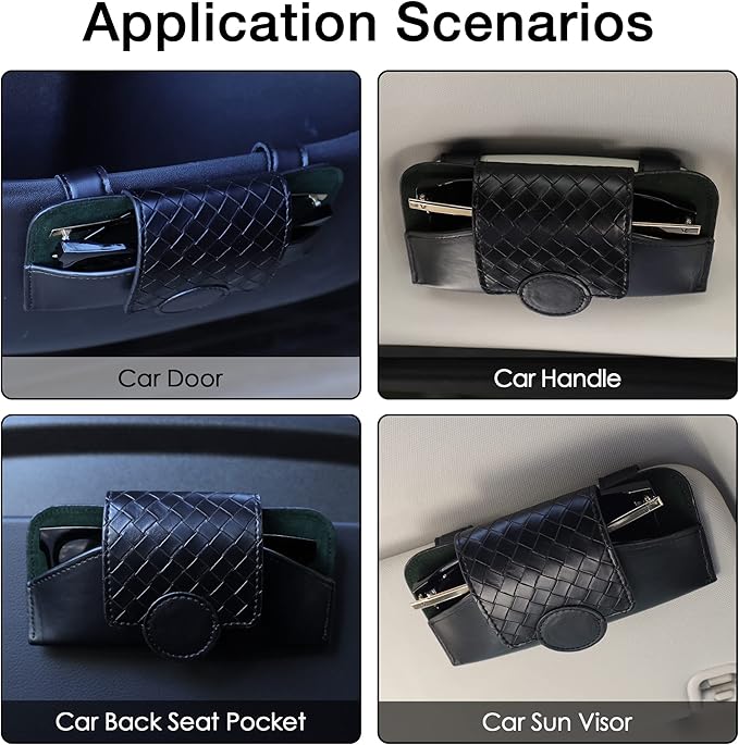 KINIVA Sunglasses Holder for Car Visor Leather Glasses Case with Clips for Car Visor Automotive Interior Visor Accessories Apply to All Car Models (10 Black)