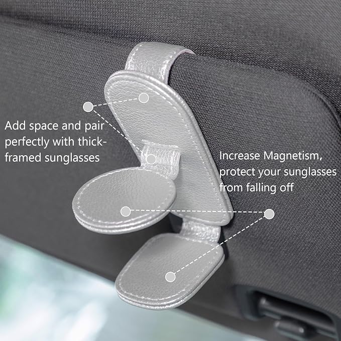Konohan Sunglasses Holder for Car Visor Leather Eyeglass Hanger Magnetic Sunglasses Holder with 2 Clips(Silver Pearl)