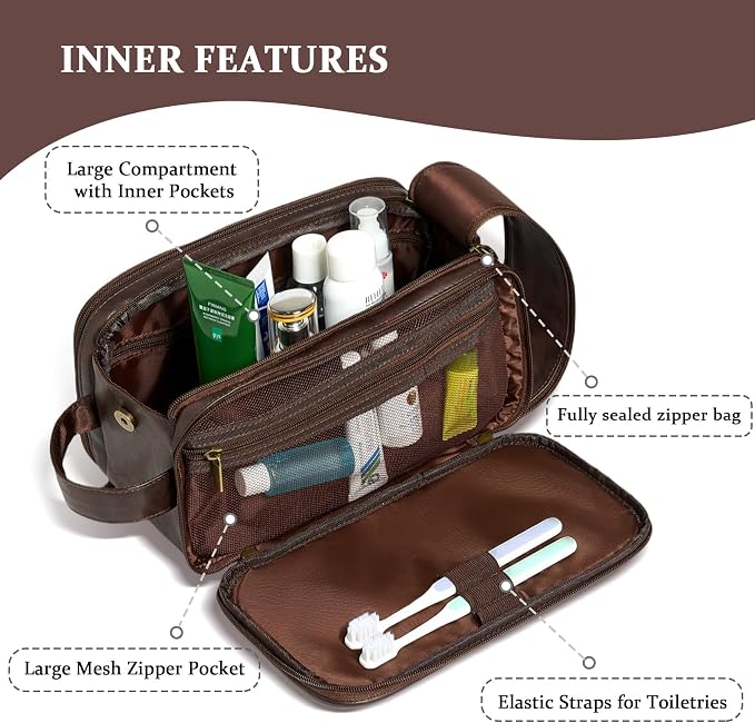 Janhavi Travel Essentials Toiletries Men, Personalized Initials & Mountain, Waterproof Make Up Bag, Men's Accessories Storage, Mens Travel Bag Toiletry, Birthday Gift Box Men (Dark Brown P)