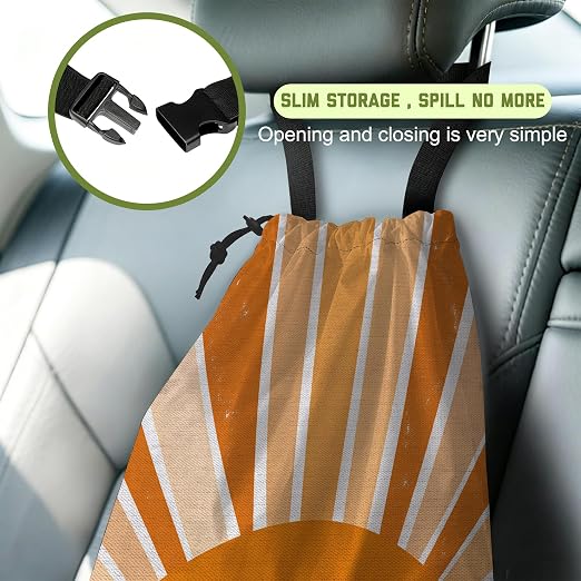Car Trash Bag Retro Boho Sunburst Leak-Proof Waterproof Car Garbage Bag with Drawstring Foldable Canvas Trash Bin with Adjustable Buckle for Car Accessories