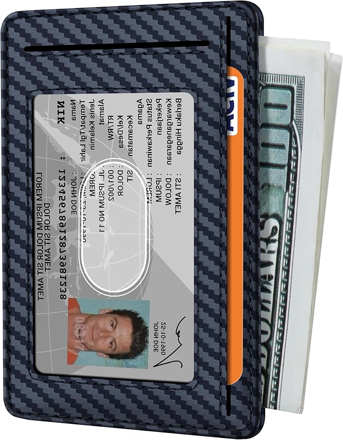 Travelambo Front Pocket Minimalist Leather Slim Wallet RFID Blocking Carbon Fiber Texture