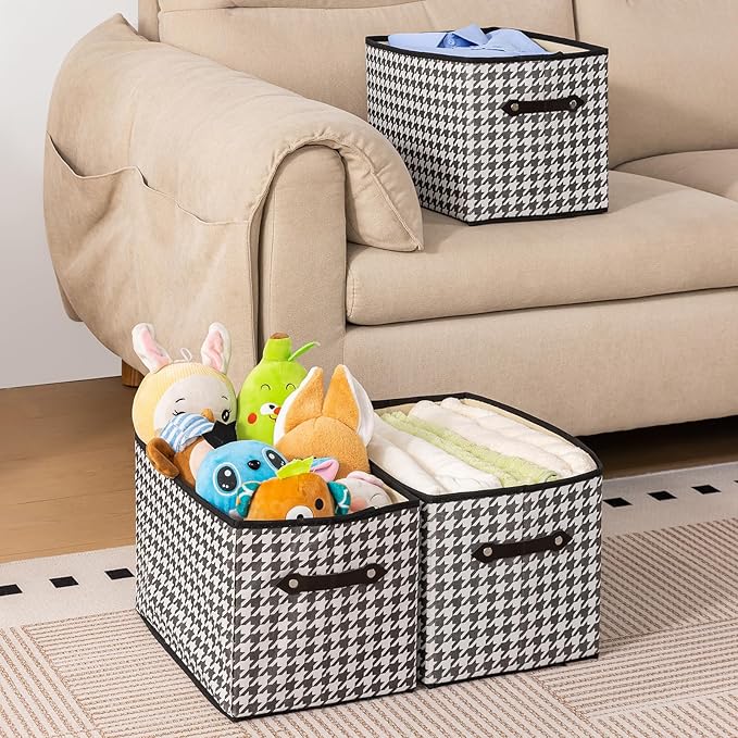1 Pack Large Collapsible Storage Baskets for Shelves,14.9"x9.5" Fabric Closet storage Boxes with Leather Handles,Decorative Organizers Storage Bins for Clothes,Sheets,Toys,Books,(Houndstooth