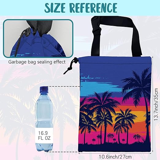 Car Garbage Bag Blue Palm Trees Orange Sunset Hanging Canvas Car Trash Bag Waterproof Drawstring Car Back Seat Organizer for Car Back Front Seat Console with Adjustable Buckle