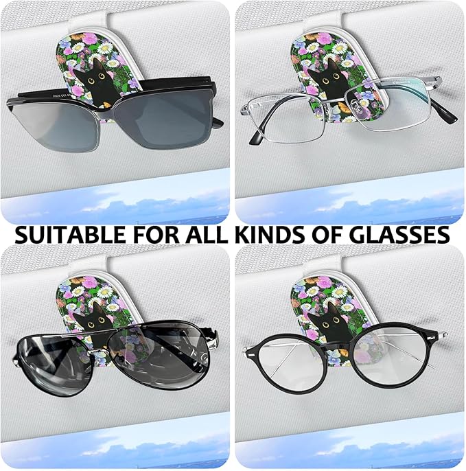 2 Pack Magnetic Leather Sunglass Holder, Universal Magnetic Car Eyeglass Hanger Clip for Different Size Eyeglasses, Car Visor Accessories (Butterfly Cat)