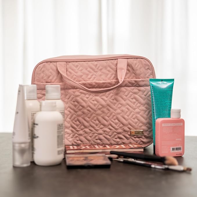 Carrywell Travel Toiletry Bag for Women with Hanging Hook, Makeup Organizer Case, Water-Resistant Cosmetic Bag For Full-size Containers, Toiletries, Pink Large, Not Made In China
