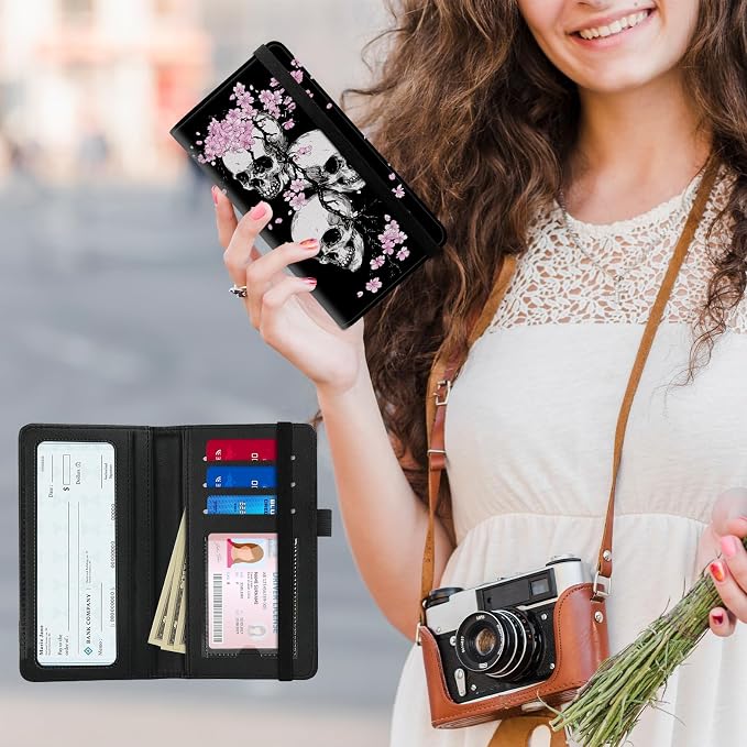 Premium PU Leather Checkbook Cover for Men & Women,RFID Blocking Slim Check Book Holder with Duplicate Check Divider & Pen Holder,Fits Standard Personal Checks,Skull Cherry Blossoms