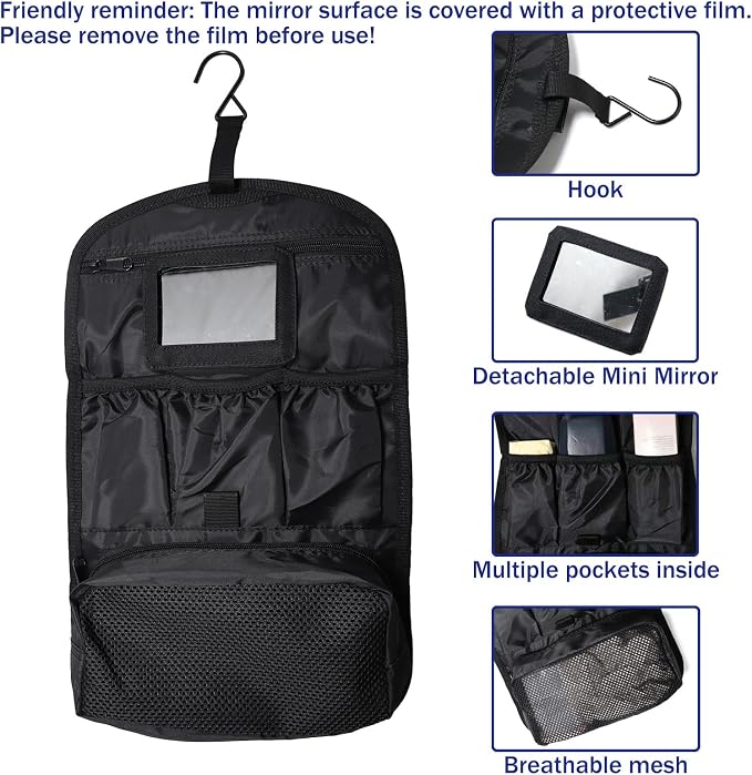 Hanging Toiletry Bag for Men Women, Travel Makeup with Mirror and Hook, EDC Military Tool Pouches Small Dopp Kit Mens Shaving Kit Travel shower Bags Black