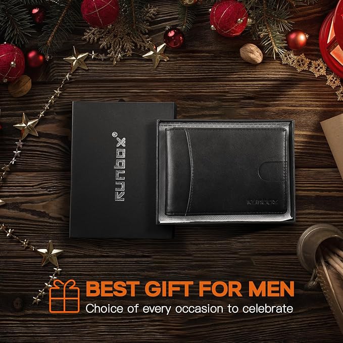 RUNBOX Slim Wallet for Men Genuine Leather RFID Blocking Bifold Minimalist Front Pocket Mens Wallet with Money Clip Thin Gift Box