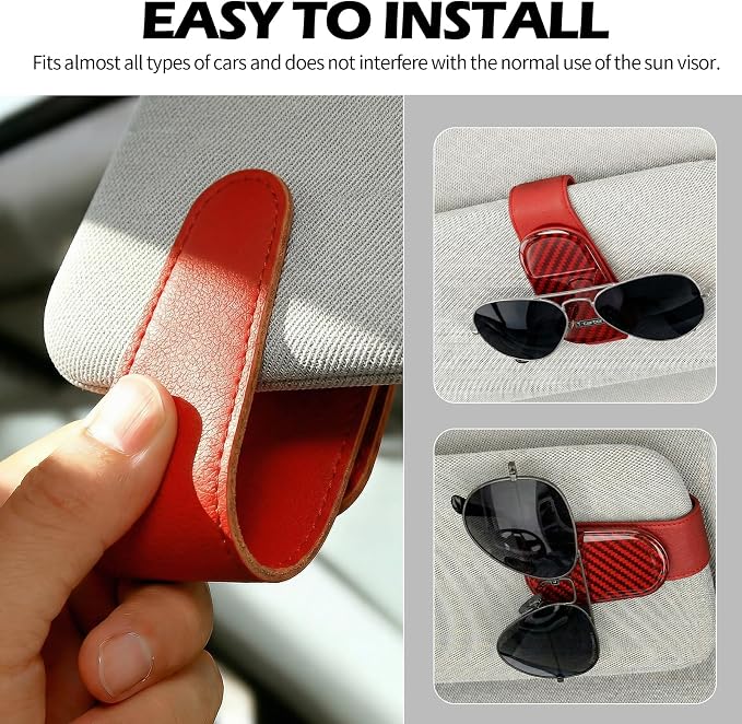 T-carbon Sunglass Holder for Car Sun Visor,Magnetic Leather Sunglasses Hanger,Glass Fiber Sunglasses Holder and Ticket Card Clip, Car Visor Accessories,Red