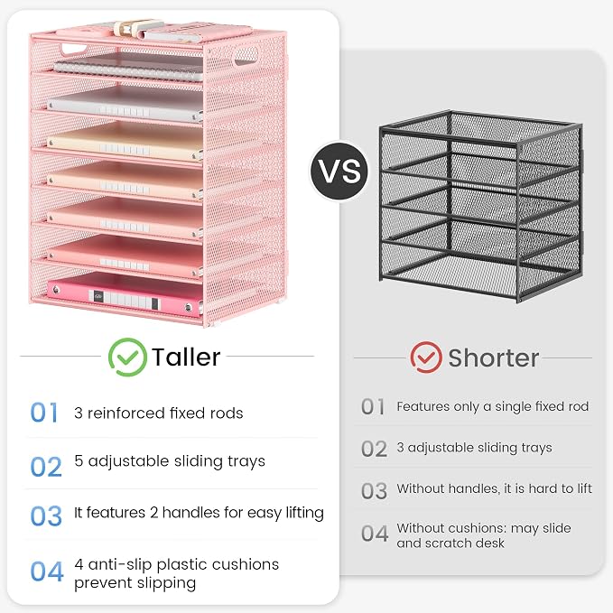 Lavatino 8-Tier Letter Tray Desk Paper Organizer, Mesh File Sorter Tray Organizer for Desk Office Supplies & Home Organization, Fits A4 Paper, Mail, Magazines and Office Accessories (Pink with Handle)