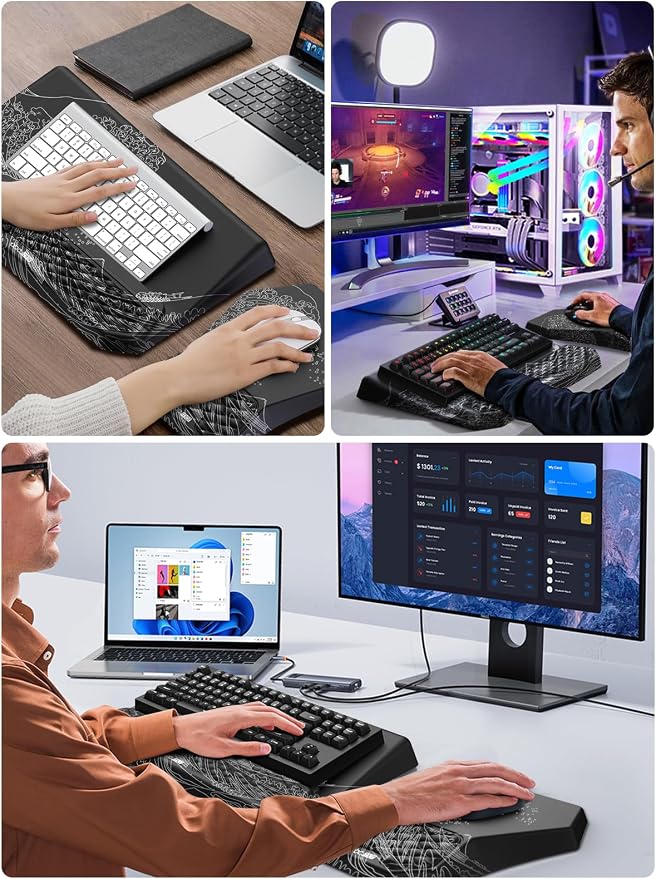 3-in-1 Ergonomic Keyboard Stand with Wrist Rest & Mouse Pad Set, Comfy Keyboard Riser Holder Soft Mousepad with Massage Design, Memory Foam and Non-Slip PU Base for Pain Relief, Black Wave of Kanagawa
