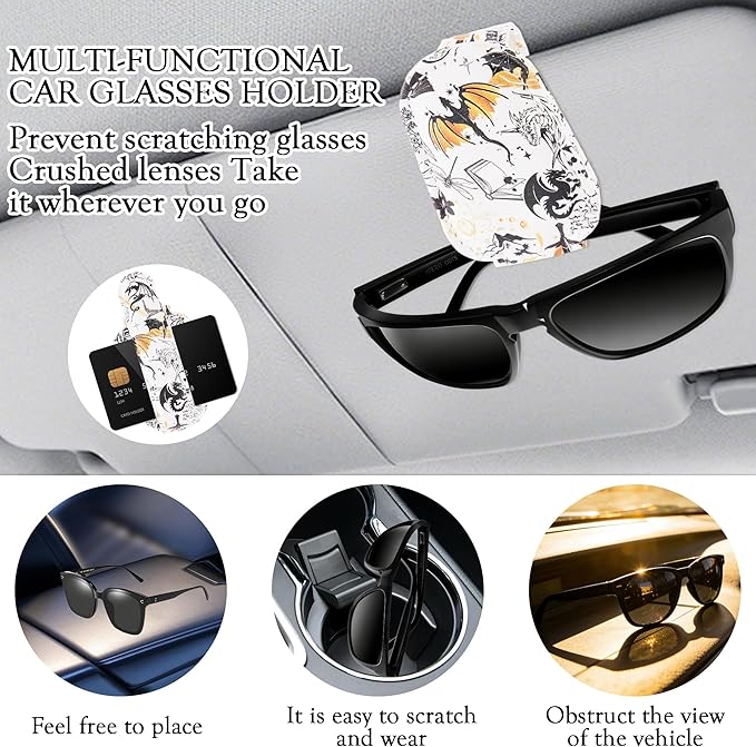 HemerVows Sunglass Holder for Car, Dragon Print Magnetic Leather Visor Sunglasses Holder Clip, Universal Sun Visor Accessory Eyeglass Clip for SUV Pickup Truck
