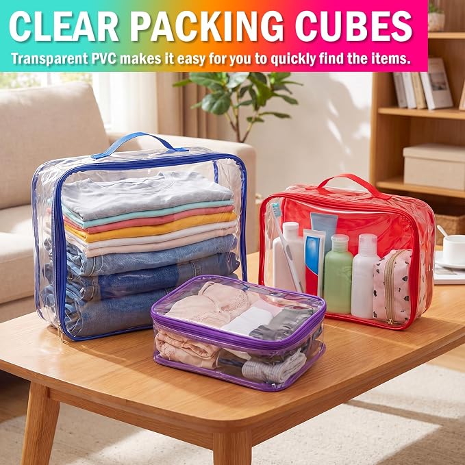 6 Pcs Clear Packing Travel Cubes Set Reusable See Through Premium PVC Plastic Organizer Bag with Handle for Summer Camp Travel Luggage Storage Organizer Multipurpose Pouch Toiletry Bag(Rainbow)