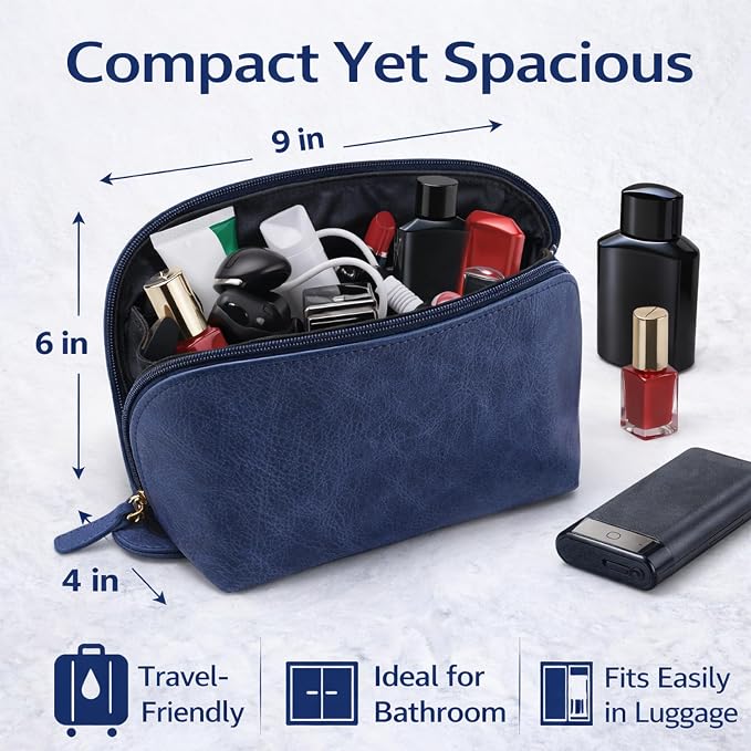 Genuine Leather Toiletry Bag for Men & Women, Navy Blue | Leather Makeup Bag, Travel Dopp Kit Organizer, YKK Zipper, Handmade, 9 x 6 x 4 Inch