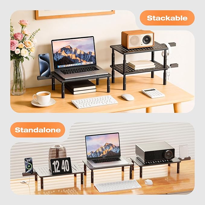 Computer Monitor Stand Riser for Desk, 3 Height Adjustable PC Laptop TV Desktop Monitor Stand Shelf, Metal Printer Table with Phone Holder, Stand Riser for Desk, Office Desk Organizers and Accessories, 1 Pack