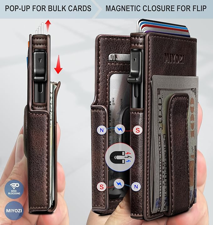miyozi Airtag Wallet for Men,with Money Clip 10 Cards Metal Case Smart Slim Pop Up Credit Card Holder Flip with Magnetic Closure RFID Blocking wallet with Gift Box