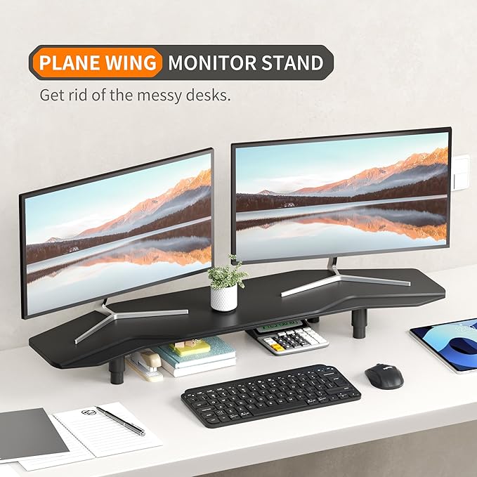 AFOOYO 39.4 Inch Dual Monitor Stand Riser Black,Plane Wing-Shaped Sturdy Computer Desk Riser for 2 Monitors, Adjustable Length and Wood Monitor Stand for Laptop, Computer,Extra Long