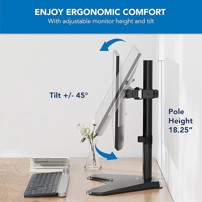 Mount-It! Monitor Stand for Desk, Freestanding Single Monitor Mount for 21.5??2" Screens, Height Adjustable VESA Stand with Tilt, Swivel & Rotation, Sturdy Base Supports 17.6 lbs