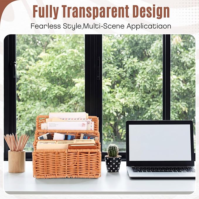 Rattan Mail Organizer for Desk Mail Holder Countertop with 3 Slot Rattan Letter Sorter File Holder Envelope Book Stand Office Desk Organizer and Storage Accessories