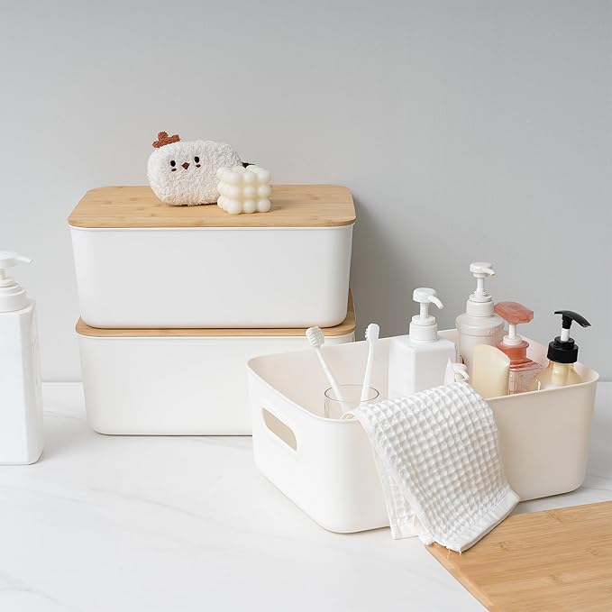 Citylife 4 PCS Storage Bins with Bamboo Lids Plastic Storage Containers for Organizing Stackable Storage Box with Handle, 15 x 10.6 x 5.8 inch