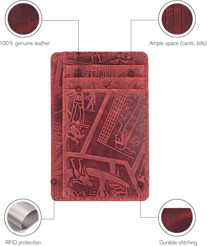 Oak Leathers Leather Slim Minimalist Wallet for Men & Women RFID Front Pocket Leather Card Holder Wallets (Egyptian Red)