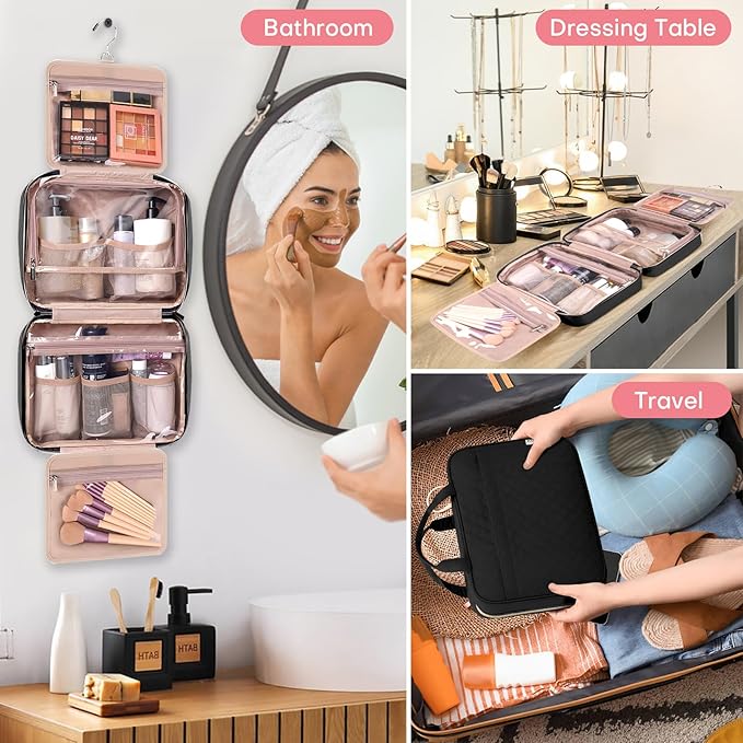 HXLGMD Travel Size Toiletry Bag for Women, Portable Cosmetic Bag with Hanging Hook, Travel Essentials Water-resistant Makeup Organizer for Accessories, Shampoo, Full-size Container, Toiletries