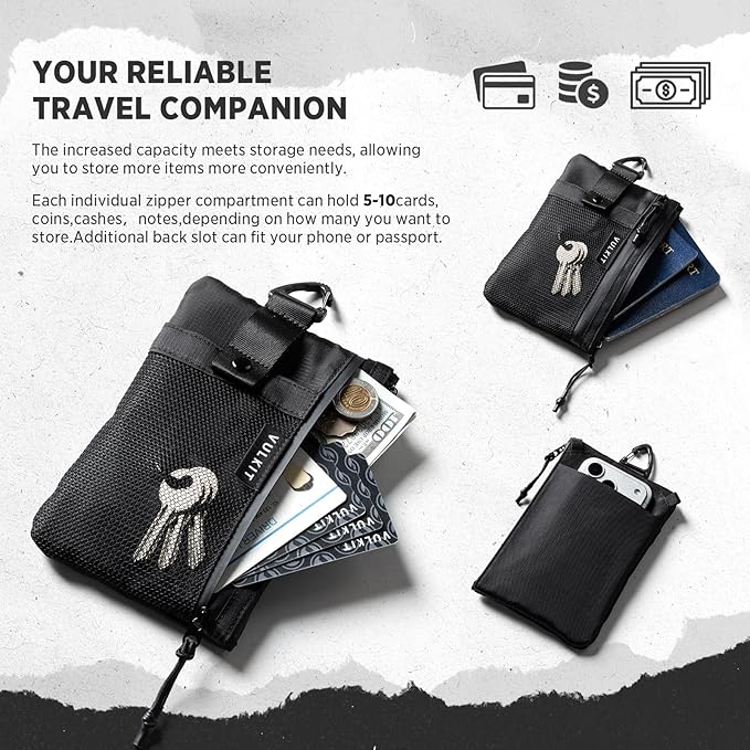 VULKIT RFID Blocking Travel Wallet for Men Women, Water Resistant Passport & Phone Holder with Detachable Lanyard and Key Ring, Lightweight Zipper Travel Wallet