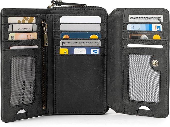 BERLINER BAGS Vintage Genuine Leather Wallet Vienna, RFID Blocking Credit Card Holder, Trifold Clutch Purses, Zip Around Womens Wallet for 19 cards, ID window, Bills, Coins - Dark Grey