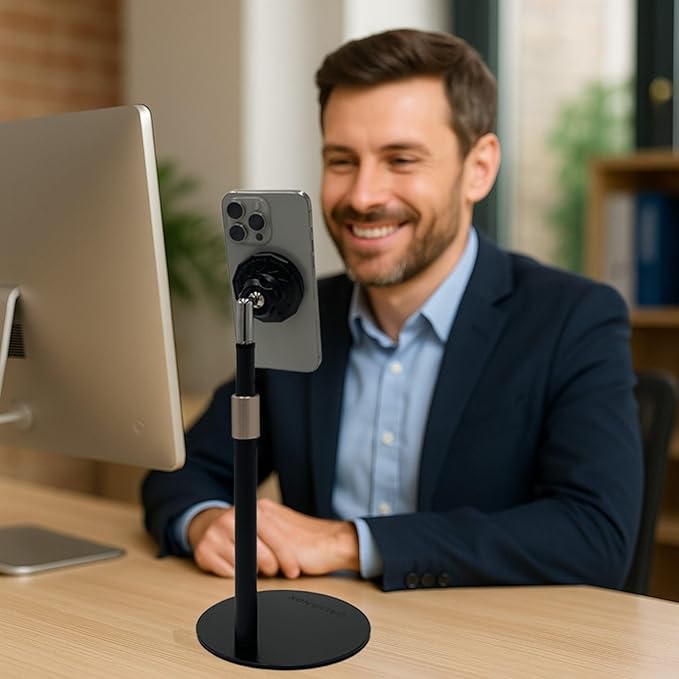 GALVANOX Magnetic Fast-Charging Desk Phone Stand (Adjustable Height) Compatible with MagSafe, Tall Wireless Charger, Heavy Metal Base (15W) Desktop iPhone Holder, Great for Office/Video Calls