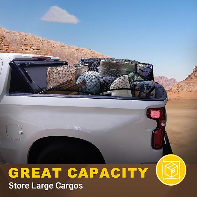 BUMBEE Truck Bed Cargo Net, Highly Elastic Stretchable up to 7ft x 7ft Small Mesh Durable Storage Organizer for Pickup Car Trunk SUV Boat
