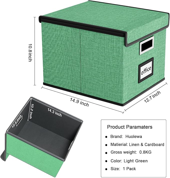 File Organizer Box with Lid, Collapsible File Folder Organizer for Office Document Storage, Filing Box with Plastic Slide for Letter Size Hanging File Folders(1 Pack, Light Green)