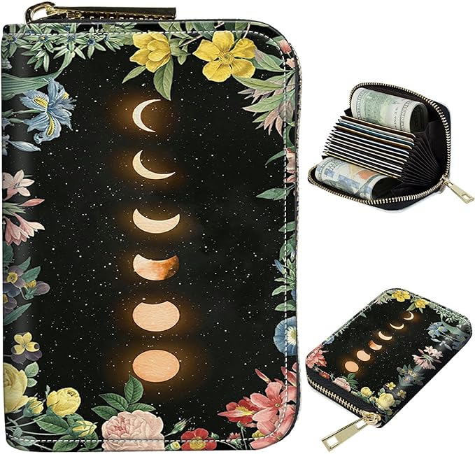 Cute Credit Card Holder with Zipper, Moon Flower RFID-Blocking Card Case Small Wallet for Women Men, Multi-slot Card Organizer Case Travel Accordion Wallet