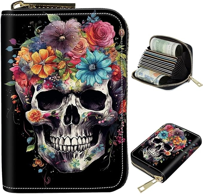 Cute Credit Card Holder with Zipper, Sugar Skull Flowers RFID-Blocking Card Case Small Wallet for Women Men, Multi-slot Card Organizer Case Travel Accordion Wallet