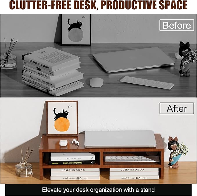 Monitor Stand Riser with Storage, 2 Tier Desk Organizer & Desktop Wood Shelf, Ergonomic Computer Stand for Laptop, PC & Printer, 16" Small TV Riser with 50 lbs Weight Capacity, Walnut Brown