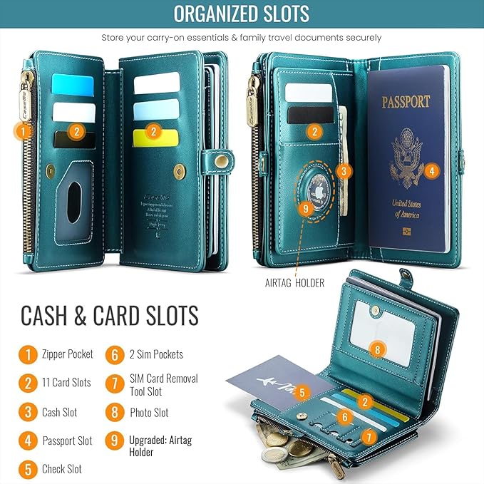 Passport Holder Wallet Bag with AirTag Holder, 11 Card Slots and Passport Solt Cash Solt Photo Solt Zipper Pocket, RFID Blocking Wristlet Strap.Green