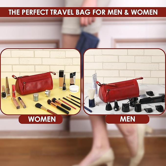 Leather Makeup Bag for Women – Genuine Leather Cosmetic Bag Travel, Handmade Zippered Makeup Pouch, Small Toiletry Bag, Shaving Kit & Stationery Organizer- Red