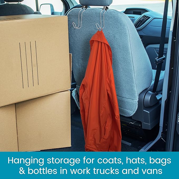 High Road Metal Car Hooks - Hard Hat Holder for Truck and Unbreakable Headrest Hooks for Car for Large Straps and Heavy Bags up to 40 lbs - Secure Attachment Loops Fit All Headrest Posts, 2-Pack