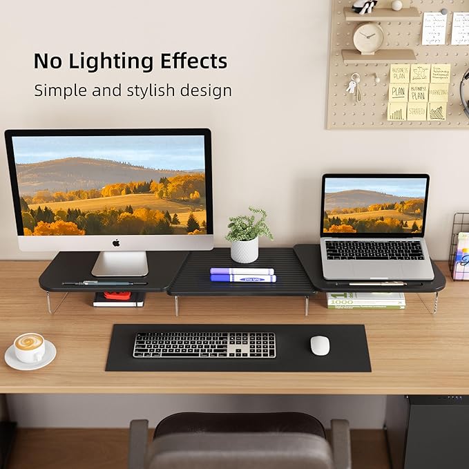 AFOOYO LED Dual Monitor Stand Riser for 2 Monitors,Office Desktop Wooden Stand Adjustable Length and Angle 3 Shelf,Extra Long Multifunctional Stand up to 39.3" for Computer,Laptop,TV,Black