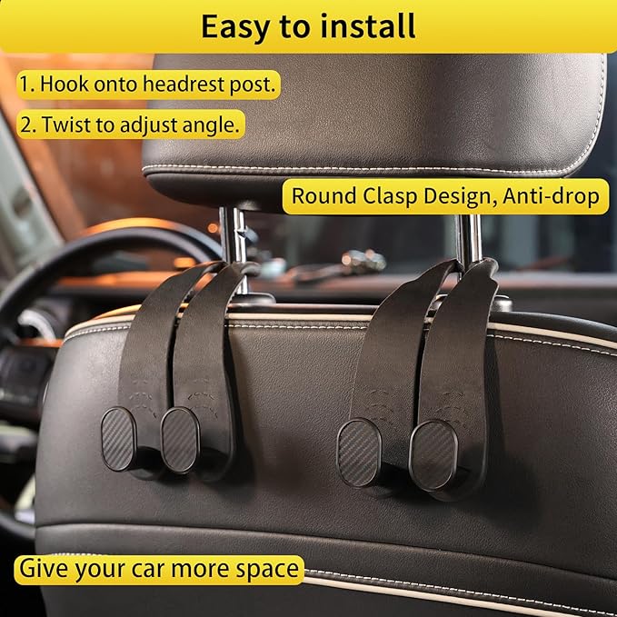 WEIHAO Purse Hook for Car Headrest, Silicone Car Seat Back Storage Hook, Twin Hooks Carbon Fiber Textured Car Headrest Hangers, Bag Holder for Sedan, Trucks, SUVs, Most Vehicles (Black-2PCS)