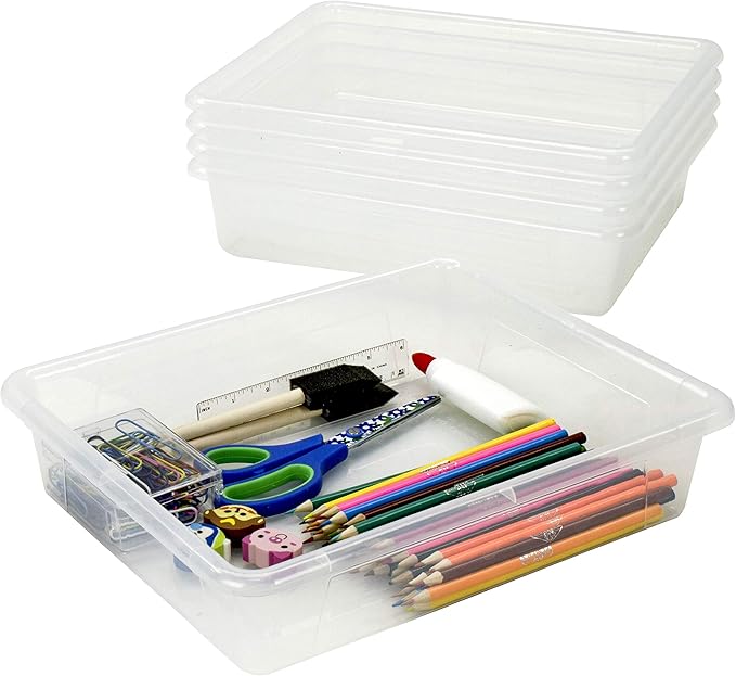 Storex Letter Size Deep Storage Tray – Organizer Bin for Classroom, Office and Home, Transparent, 5-Pack (62566U05C)