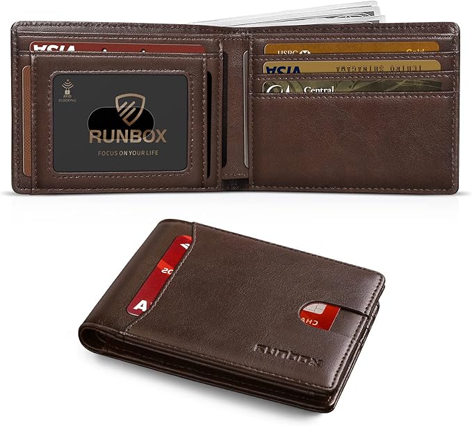 RUNBOX Wallet for Men Slim 11 Credit Card Holder Slots Leather RFID Blocking Small Thin Men's Wallet Bifold Minimalist Front Pocket Large Capacity Gift Box